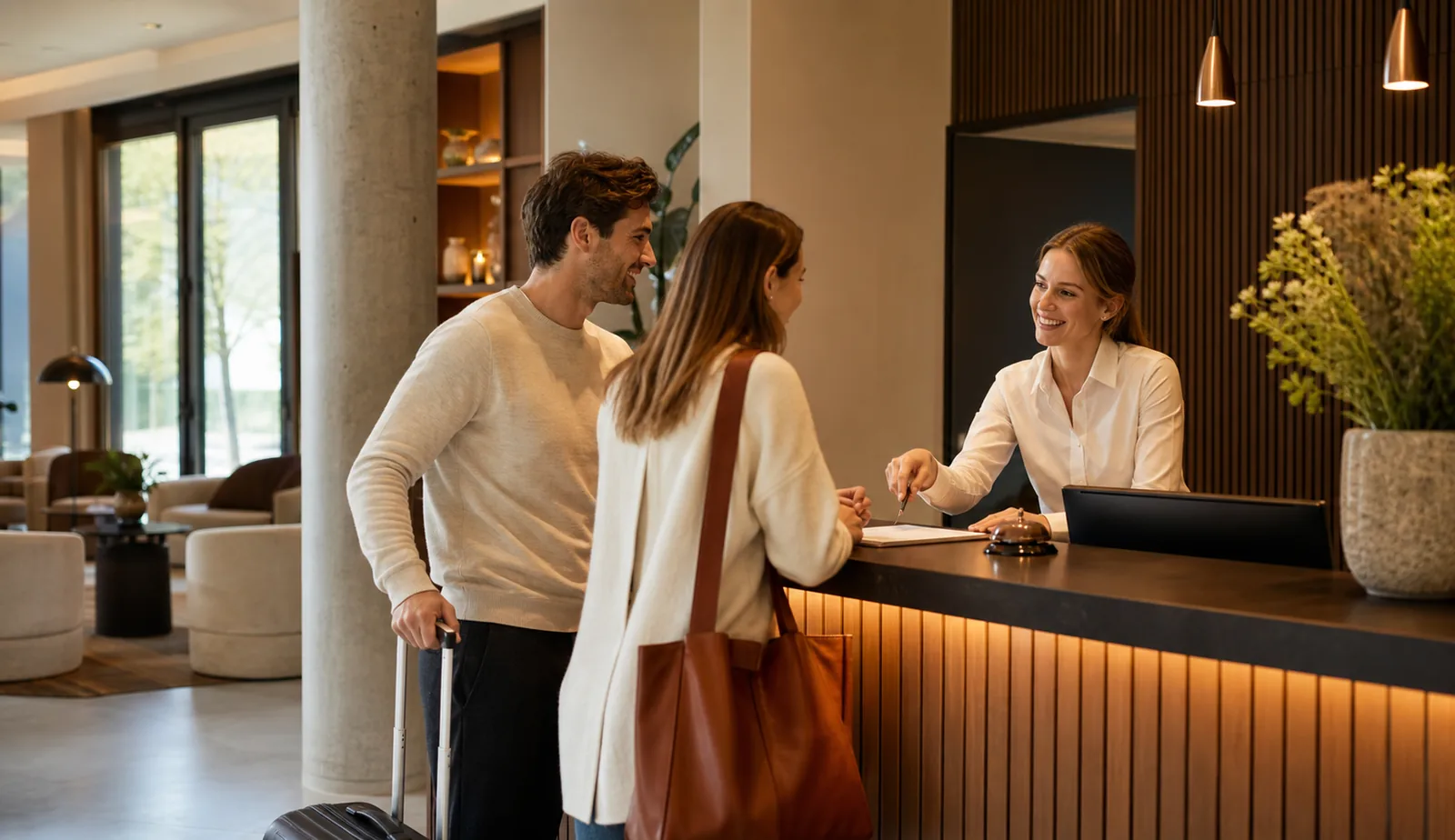 Hotelrezeption mit Gästen beim Check-in – Webdesign und Social Media für Hotels