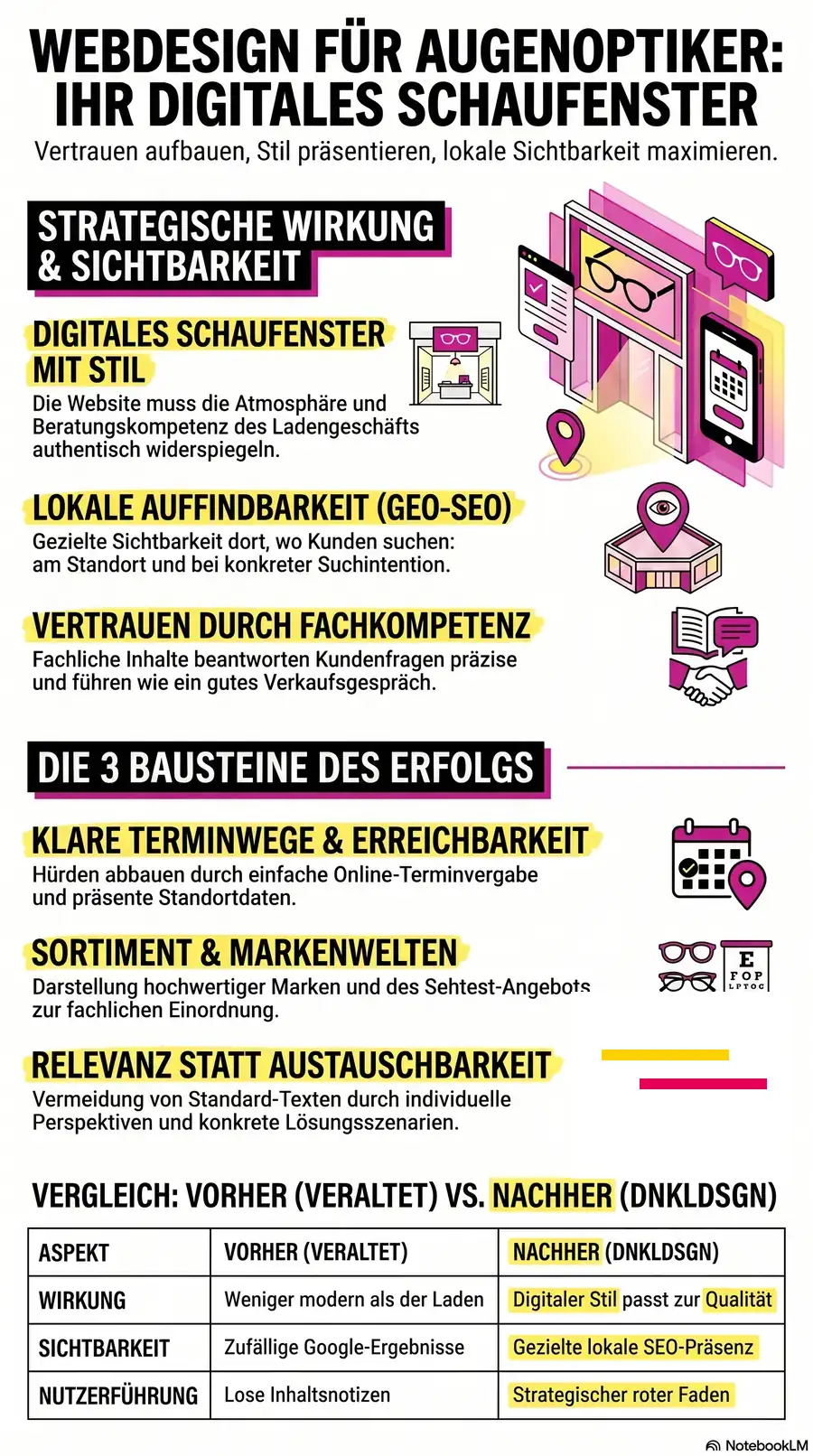 NotebookLM-Infografik zu Webdesign für Augenoptiker: digitales Schaufenster, Vertrauen und lokale Sichtbarkeit