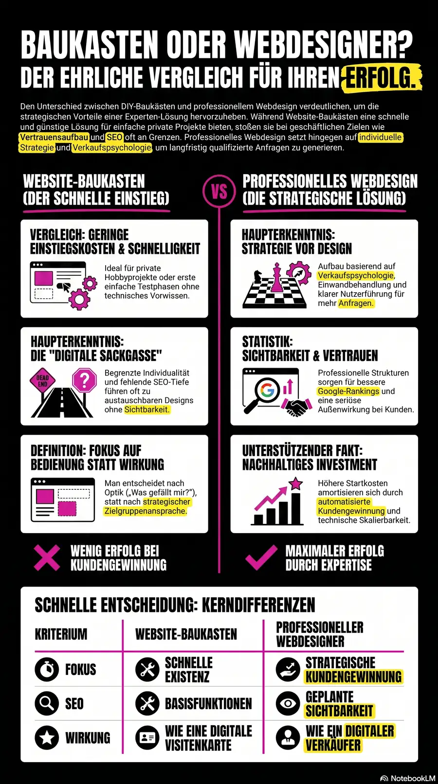 NotebookLM-Infografik zu Website-Baukasten oder Webdesigner: Was passt besser?