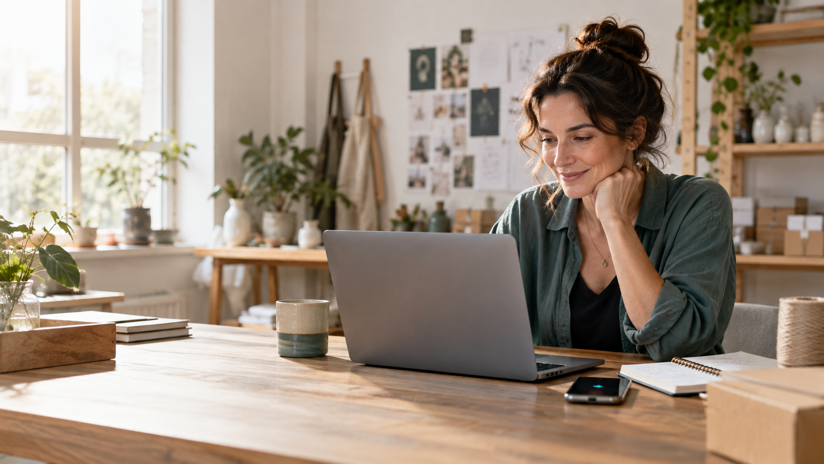 Kundenbindung über die Website: Eine Unternehmerin nutzt ihren Laptop im Arbeitsalltag