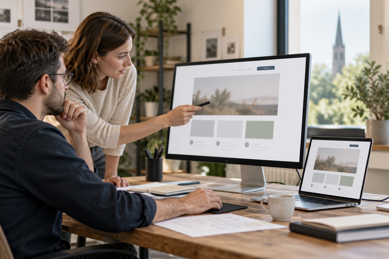 Beitragsbild für Webdesign Bornheim: Designerin und Kunde planen eine professionelle Website